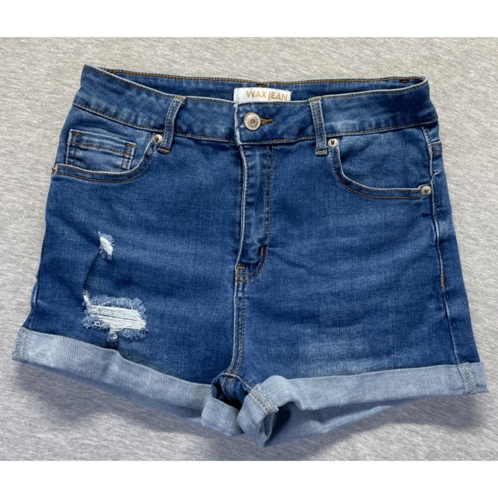 Wax Jeans Sustainable Denim Shorts Womens L Blue High Rise Cuffed Hem Distressed